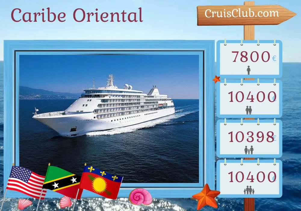Cruzeiro no Caribe Oriental de Miami para Saint John a bordo do navio Silver Shadow com visitas aos EUA, São Cristóvão e Névis, Guadalupe, Monserrate, Ilhas Virgens Britânicas e Porto Rico por 11 dias