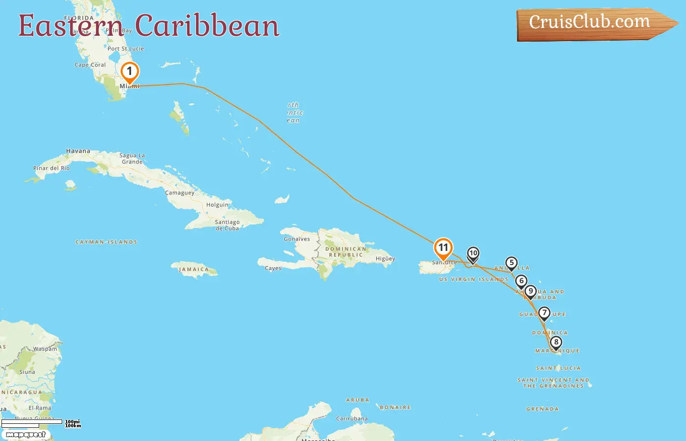 Cruise in the Eastern Caribbean from Miami to Saint John aboard Silver Shadow ship with visits to USA, Saint Kitts and Nevis, Guadeloupe, Montserrat, British Virgin Islands, and Puerto Rico for 11 days