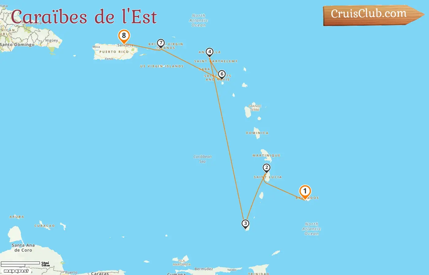 Croisière dans les Caraïbes de l`Est de Bridgetown à Saint-Jean à bord du navire Silver Spirit avec des arrêts à la Barbade, à la Grenade, à Saint-Kitts-et-Nevis et à Porto Rico pendant 8 jours