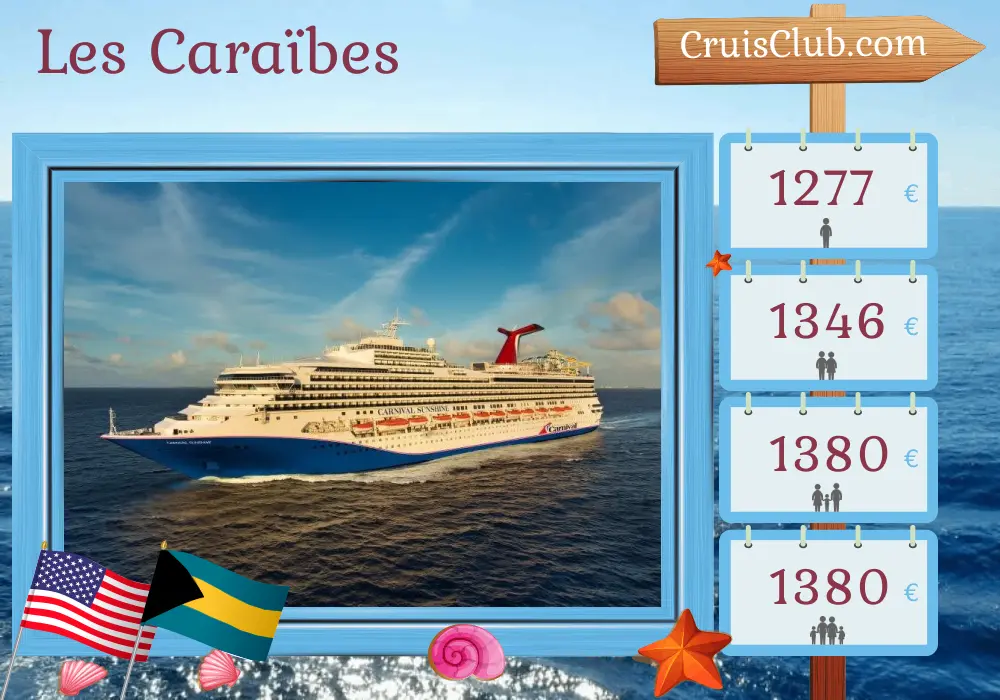 Croisière dans les Caraïbes depuis Whitehorse à bord du navire Carnival Sunshine avec des visites aux États-Unis et aux Bahamas pendant 7 jours