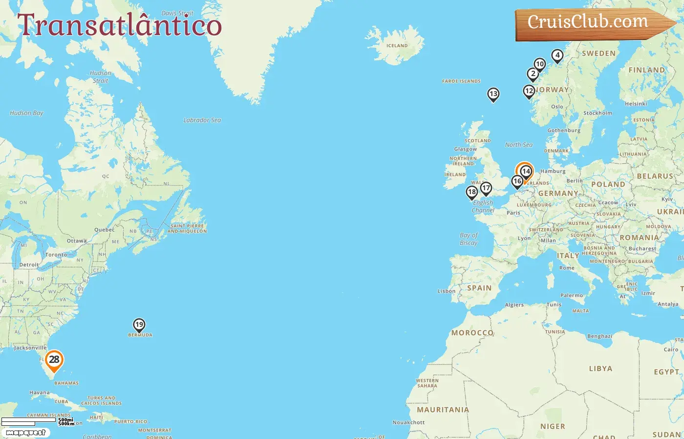Cruzeiro no Transatlântico de Roterdã para Fort Lauderdale a bordo do navio Roterdã com visitas à Noruega, Holanda, Bélgica, Bermudas e EUA por 28 dias
