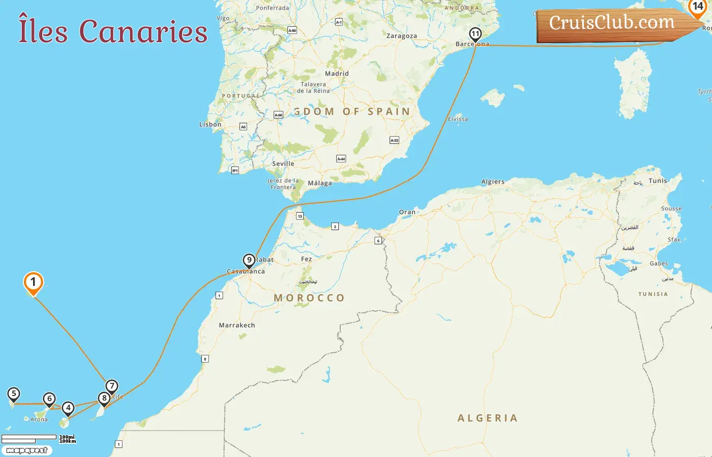 Croisière dans les îles Canaries de Funchal à Civitavecchia à bord du navire MSC Fantasia avec des visites en Espagne, au Maroc et en Italie pendant 14 jours