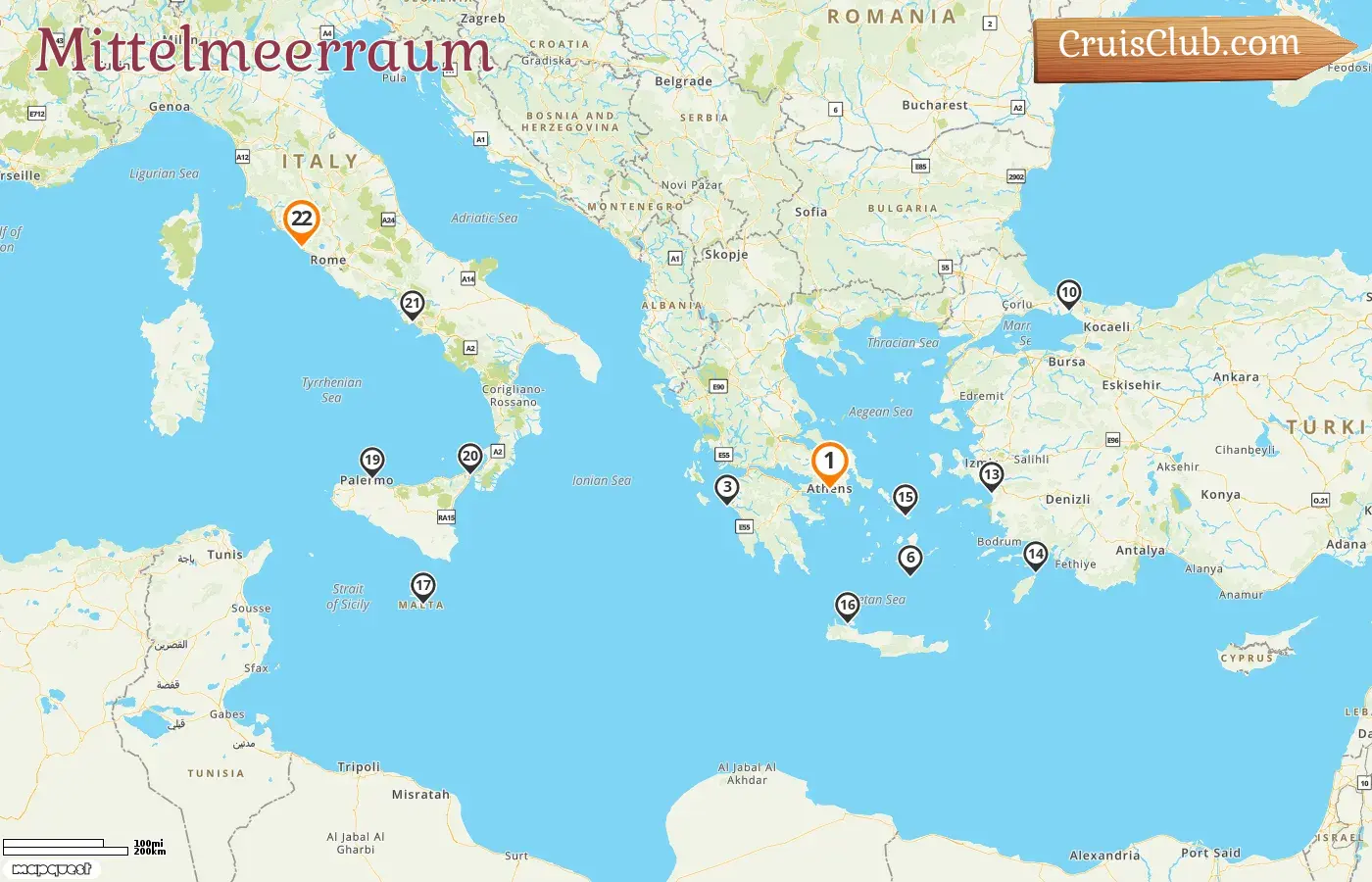 Kreuzfahrt im Mittelmeer von Piräus nach Civitavecchia an Bord des Schiffs Enchanted Princess mit Besuchen in Griechenland, Italien, Malta und der Türkei für 22 Tage