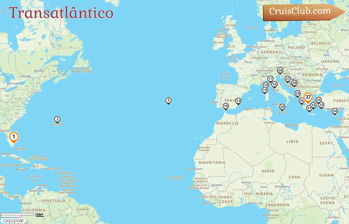 Cruzeiro no Transatlântico de Fort Lauderdale para Pireu a bordo do navio Enchanted Princess com visitas aos EUA, Bermudas, Portugal, Gibraltar, Espanha, França, Itália, Malta, Montenegro, Croácia, Grécia, Chipre e Turquia por 37 dias