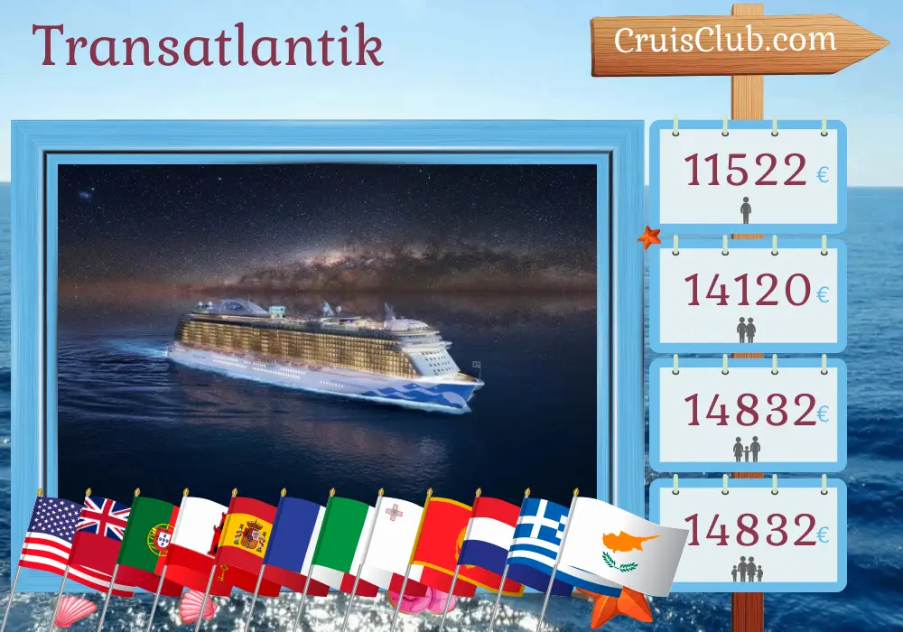 Kreuzfahrt im Transatlantik von Fort Lauderdale nach Piräus an Bord des Schiffes Enchanted Princess mit Besuchen in den USA, Bermuda, Portugal, Gibraltar, Spanien, Frankreich, Italien, Malta, Montenegro, Kroatien, Griechenland, Zypern und der Türkei für 37 Tage