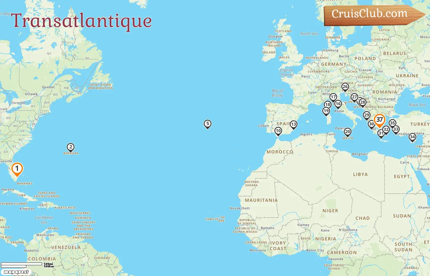 Croisière transatlantique de Fort Lauderdale à Le Pirée à bord du navire Enchanted Princess avec visites aux États-Unis, aux Bermudes, au Portugal, à Gibraltar, en Espagne, en France, en Italie, à Malte, au Monténégro, en Croatie, en Grèce, à Chypre et en Turquie pendant 37 jours