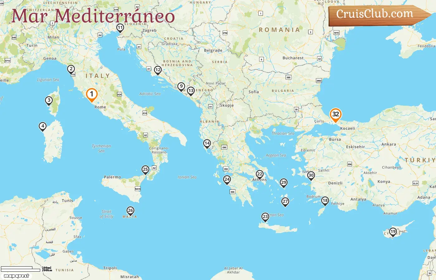 Crucero en el Mediterráneo de Civitavecchia a Estambul a bordo del barco Enchanted Princess con visitas a Italia, Francia, Malta, Montenegro, Croacia, Grecia, Chipre y Turquía durante 32 días