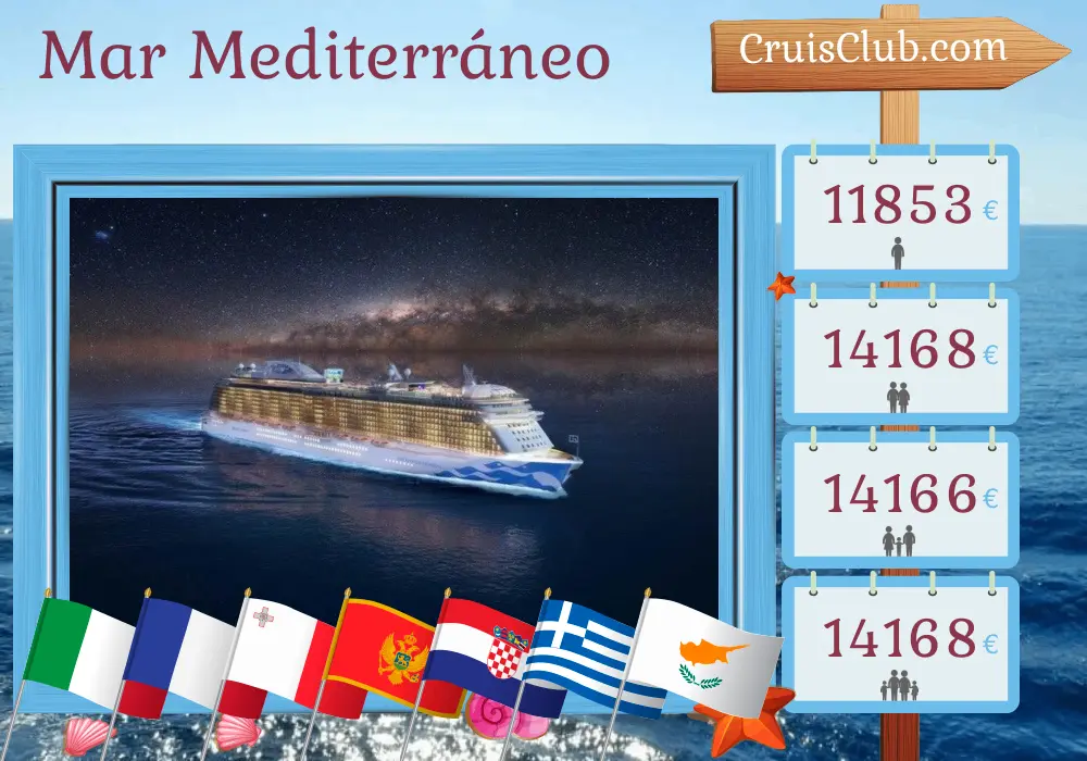 Crucero en el Mediterráneo de Civitavecchia a Estambul a bordo del barco Enchanted Princess con visitas a Italia, Francia, Malta, Montenegro, Croacia, Grecia, Chipre y Turquía durante 32 días
