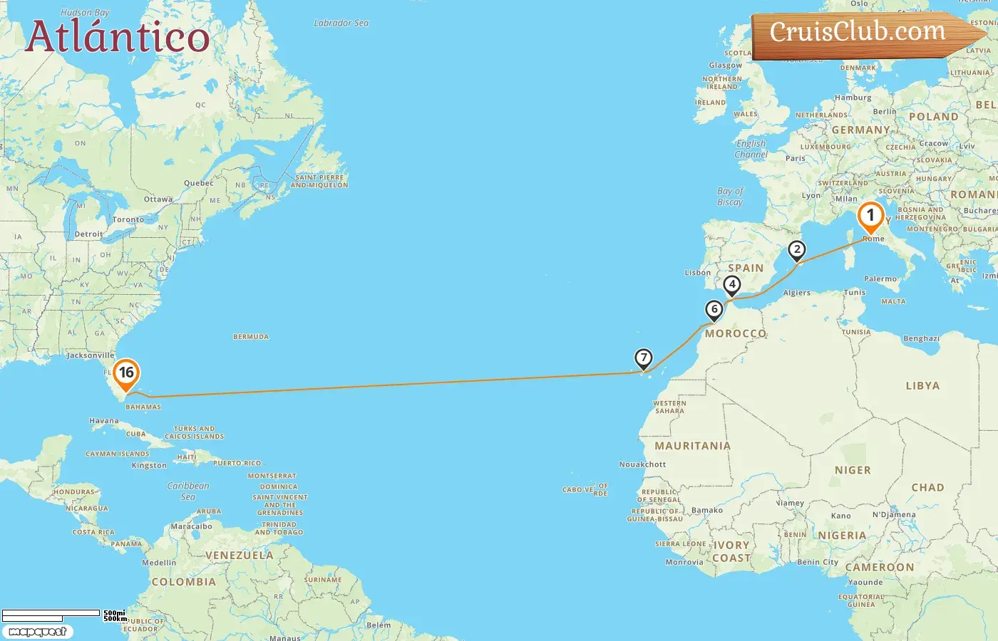 Crucero en el Transatlántico de Civitavecchia a Fort Lauderdale a bordo del barco Enchanted Princess con visitas a Italia, España, Gibraltar, Marruecos y Estados Unidos por 16 días