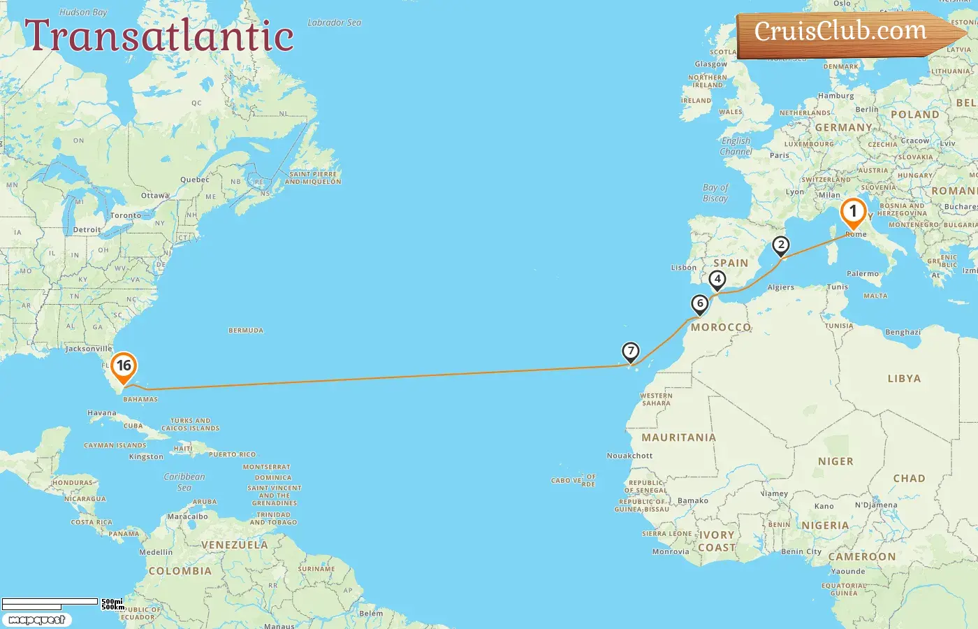Cruise in the Transatlantic from Civitavecchia to Fort Lauderdale aboard Enchanted Princess ship with visits to Italy, Spain, Gibraltar, Morocco, and USA for 16 days