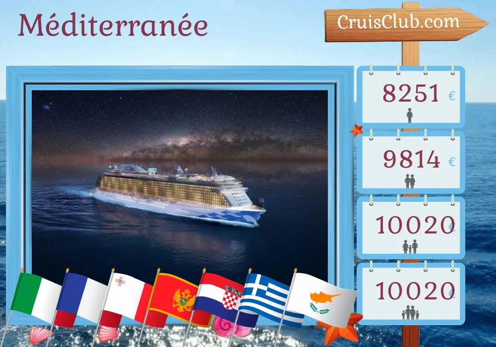 Croisière en Méditerranée de Civitavecchia à Le Pirée à bord du navire Enchanted Princess avec des visites en Italie, en France, à Malte, au Monténégro, en Croatie, en Grèce, à Chypre et en Turquie pour 22 jours