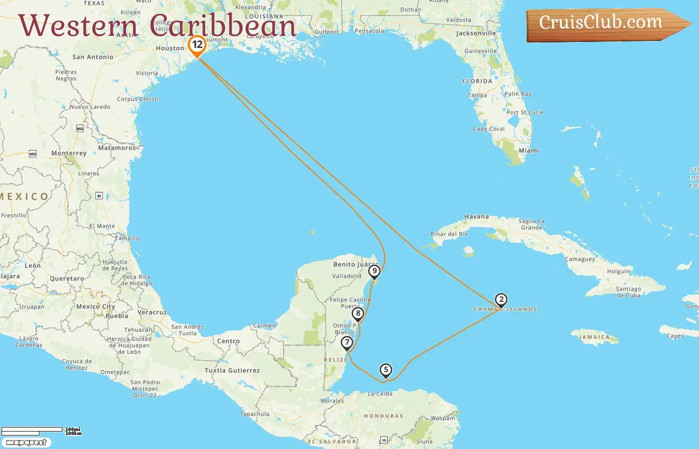 Cruise in the Western Caribbean from Galveston aboard Seven Seas Splendor ship with visits to USA, Cayman Islands, Honduras, Belize, and Mexico for 12 days