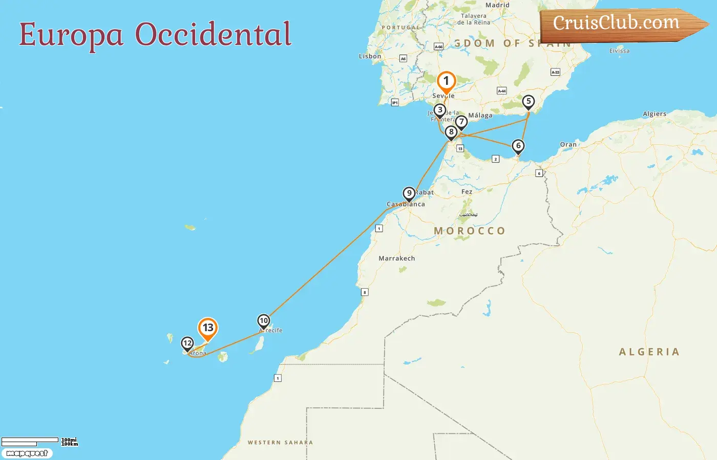 Crucero por Europa Occidental desde Sevilla a Santa Cruz de Tenerife a bordo del barco HANSEATIC spirit con visitas a España, Gibraltar y Marruecos por 13 días