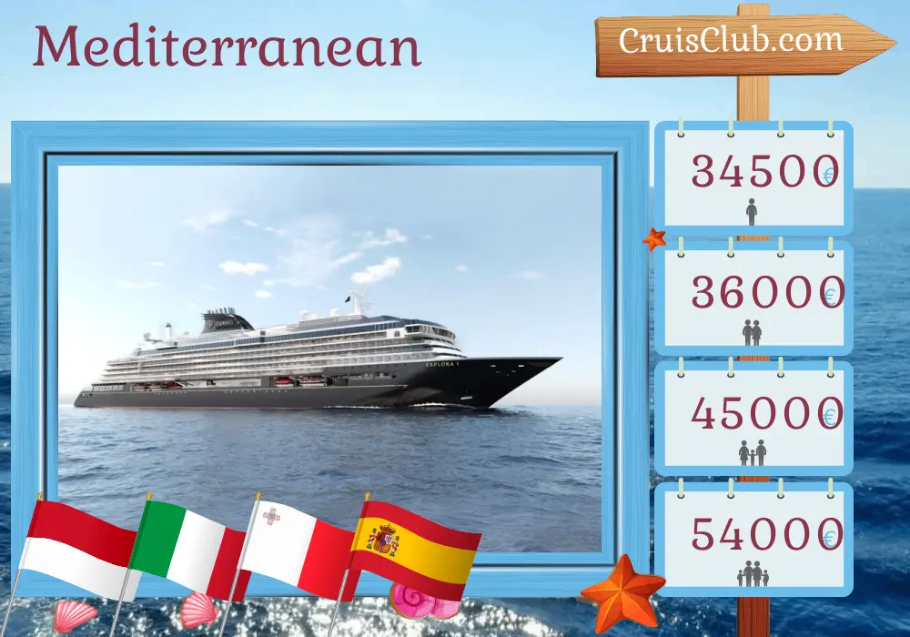 Cruise in the Mediterranean from Monte Carlo to Barcelona aboard EXPLORA I ship with visits to Monaco, Italy, Malta, and Spain for 13 days