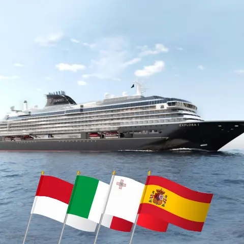 Cruise in the Mediterranean from Monte Carlo to Barcelona aboard EXPLORA I ship with visits to Monaco, Italy, Malta, and Spain for 13 days