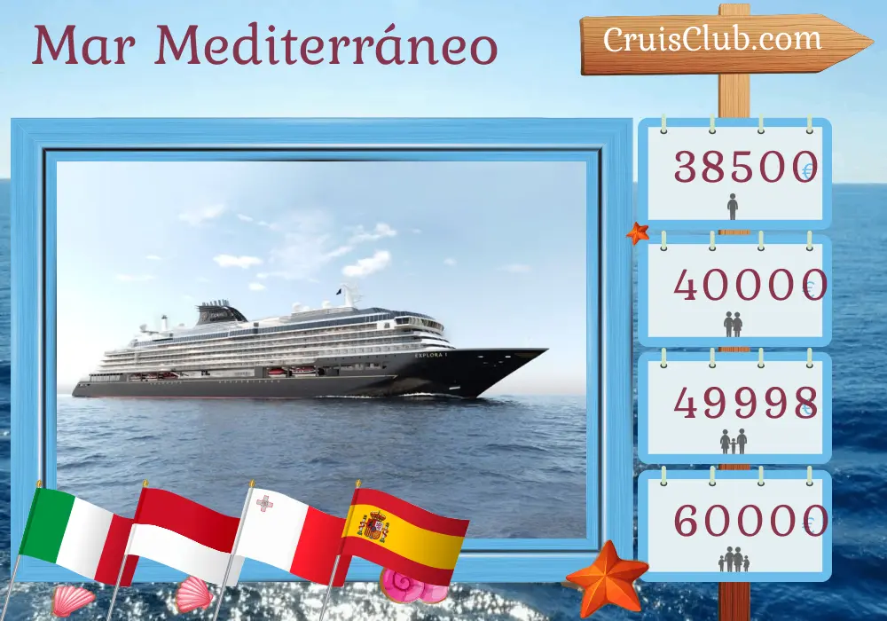Crucero por el Mediterráneo desde Civitavecchia a Barcelona a bordo del barco EXPLORA I con visitas a Italia, Mónaco, Malta y España durante 14 días