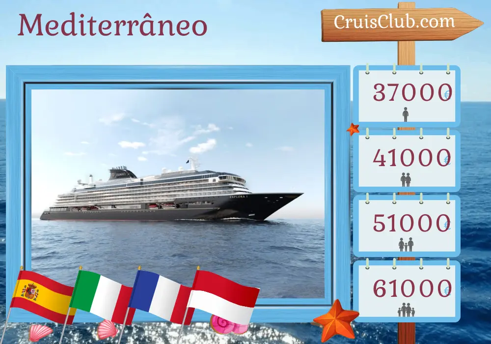 Cruzeiro no Mediterrâneo de Barcelona para Civitavecchia a bordo do navio EXPLORA I com visitas à Espanha, Itália, França e Mônaco por 14 dias