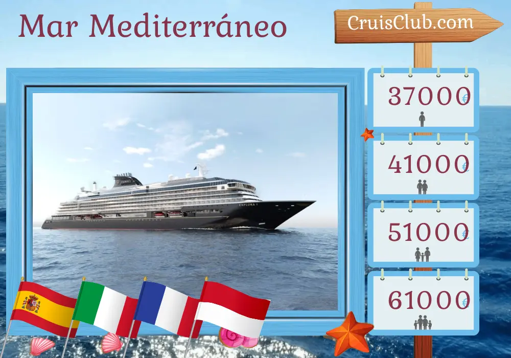 Crucero en el Mediterráneo desde Barcelona a Civitavecchia a bordo del barco EXPLORA I con visitas a España, Italia, Francia y Mónaco durante 14 días