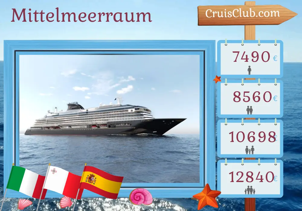 Kreuzfahrt im Mittelmeer von Civitavecchia nach Barcelona an Bord des Schiffes EXPLORA I mit Stopps in Italien, Malta und Spanien für 7 Tage