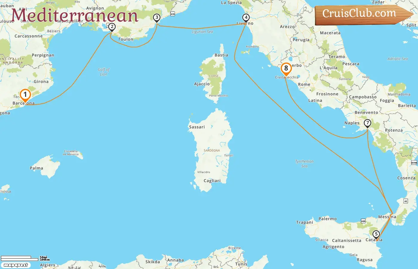 Cruise in the Mediterranean from Barcelona to Civitavecchia aboard Norwegian Epic ship with visits to Spain, France, and Italy for 8 days