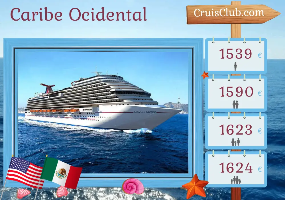 Cruzeiro no Caribe Ocidental a partir de Galveston a bordo do navio Carnival Breeze com visitas aos Estados Unidos e México por 6 dias