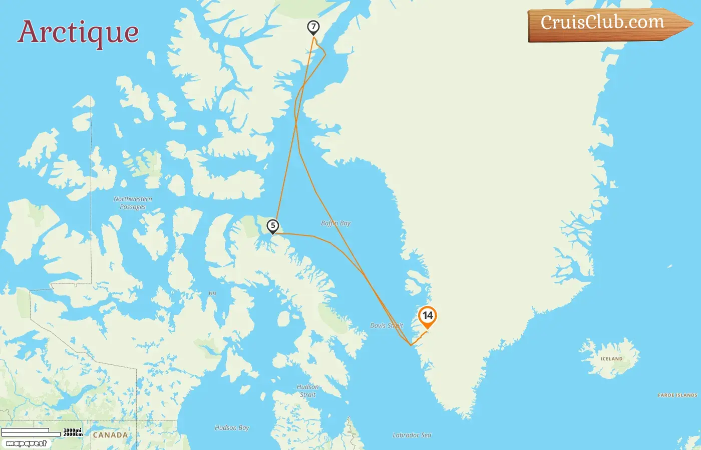 Croisière dans l`Arctique au départ de Kangerlussuaq à bord du navire Seabourn Venture avec des visites au Groenland et au Canada pendant 15 jours