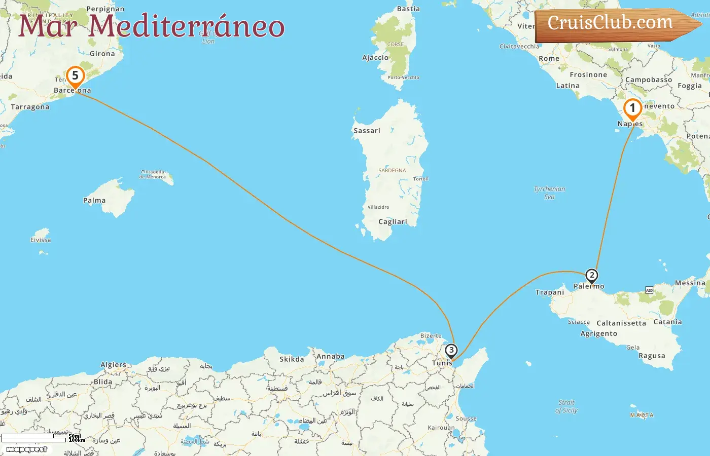 Crucero en el Mediterráneo de Nápoles a Barcelona a bordo del barco MSC Splendida con visitas a Italia, Túnez y España durante 5 días