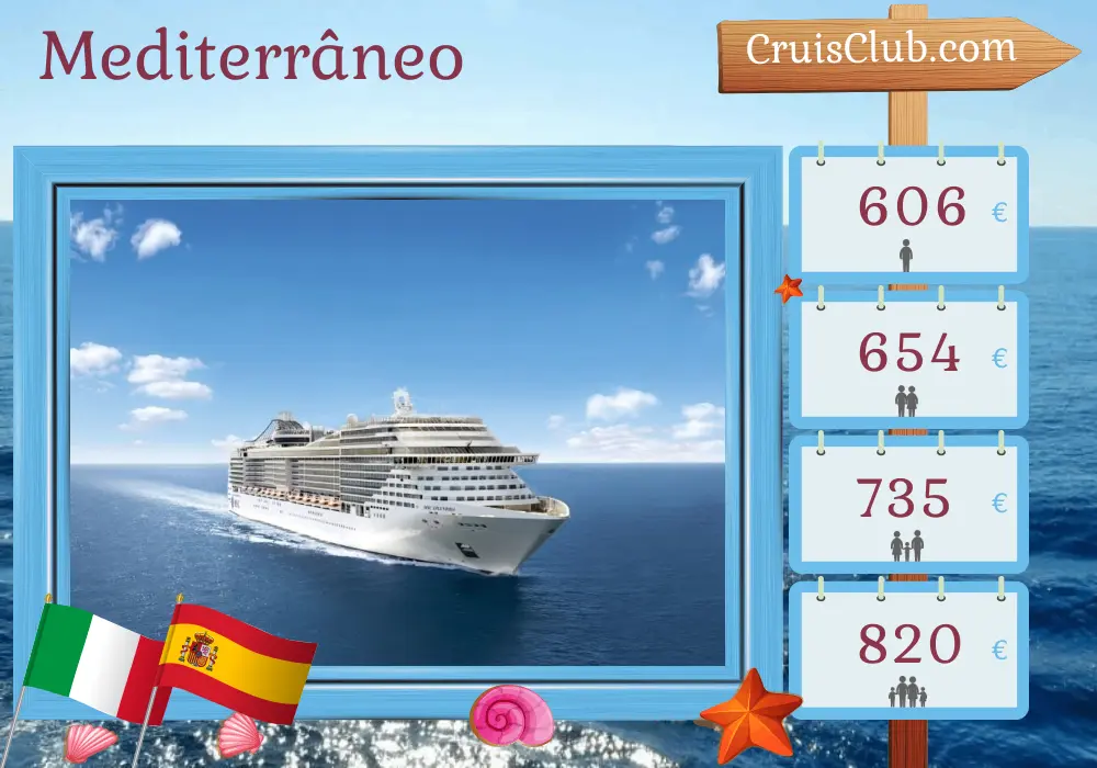 Cruzeiro no Mediterrâneo de Nápoles a Barcelona a bordo do navio MSC Splendida com visitas à Itália, Tunísia e Espanha por 5 dias