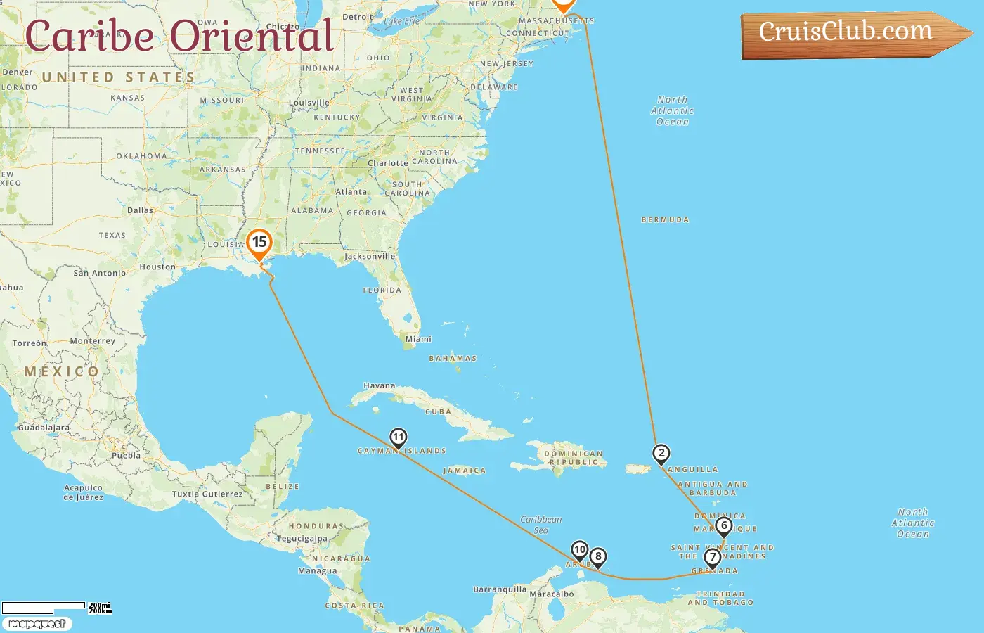 Crucero por el Caribe Oriental desde Boston a Nueva Orleans a bordo del barco Norwegian Breakaway con visitas a EE. UU., Santa Lucía, Granada, Curazao, Aruba e Islas Caimán durante 15 días