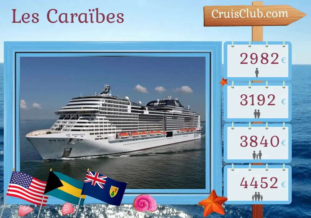 Croisière dans les Caraïbes au départ de Miami à bord du navire MSC Meraviglia avec des escales aux États-Unis, aux Bahamas et en République dominicaine pendant 15 jours