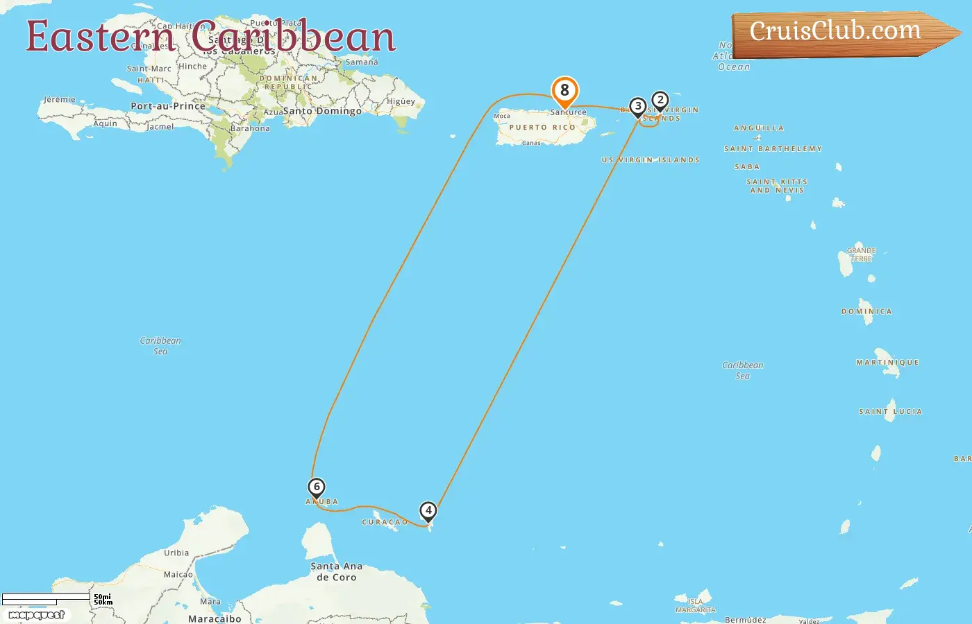 Cruise in the Eastern Caribbean from Saint John aboard Norwegian Prima ship with visits to Puerto Rico, British Virgin Islands, and Aruba for 8 days