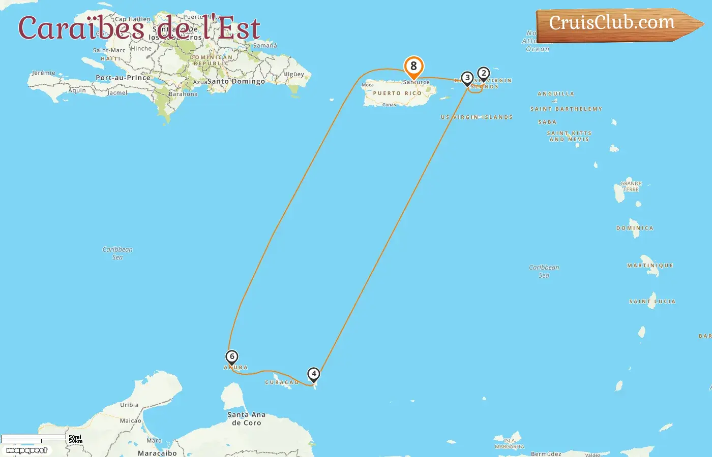 Croisière dans les Caraïbes de l`Est au départ de Saint-Jean à bord du navire Norwegian Prima avec des visites à Porto Rico, aux îles Vierges britanniques et à Aruba pendant 8 jours