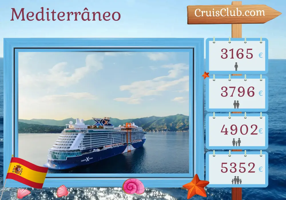 Cruzeiro no Mediterrâneo a partir de Barcelona a bordo do navio Celebrity Xcel com visitas à Espanha e Marrocos por 8 dias
