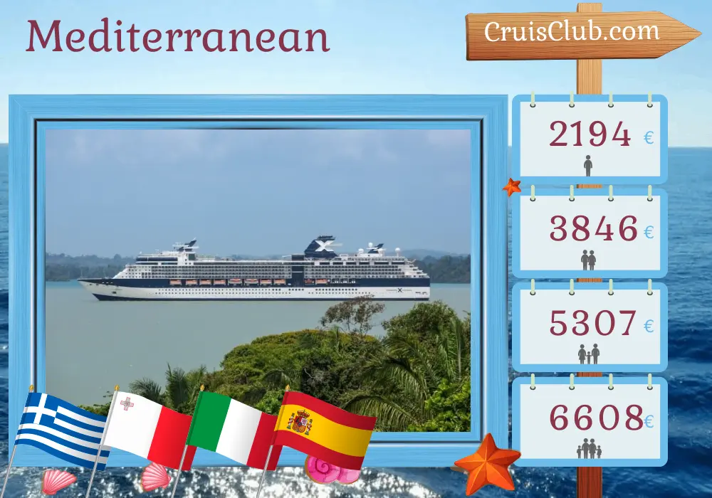 Cruise in the Mediterranean from Piraeus to Barcelona aboard Celebrity Infinity ship with visits to Greece, Turkey, Malta, Italy, and Spain for 13 days