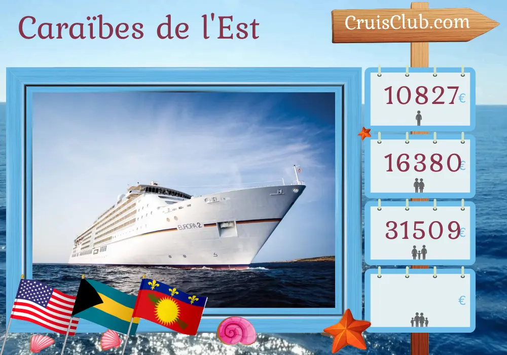 Croisière dans les Caraïbes de l`Est au départ de Miami à bord du MS EUROPA 2 avec des visites aux États-Unis, aux Bahamas, à Porto Rico, à Saint-Barthélemy, en Guadeloupe, à Saint-Martin et aux îles Vierges britanniques pendant 15 jours