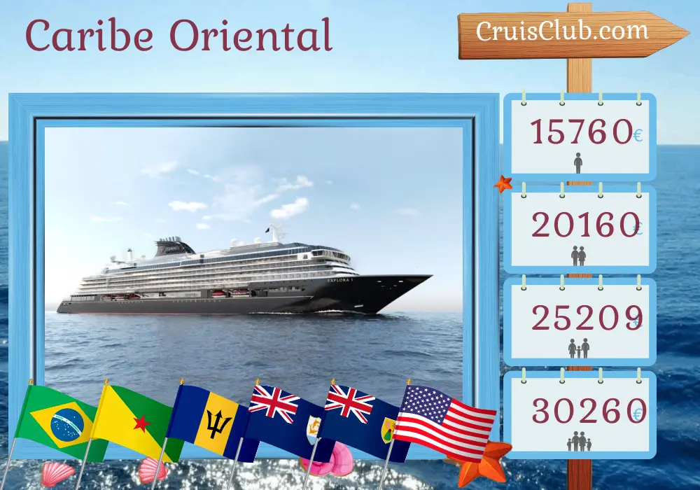 Cruzeiro no Caribe Oriental de Manaus a Miami a bordo do navio EXPLORA I com visitas ao Brasil, Guiana Francesa, São Vicente e Granadinas, Barbados, São Bartolomeu, Porto Rico, Ilhas Virgens Britânicas e EUA por 20 dias