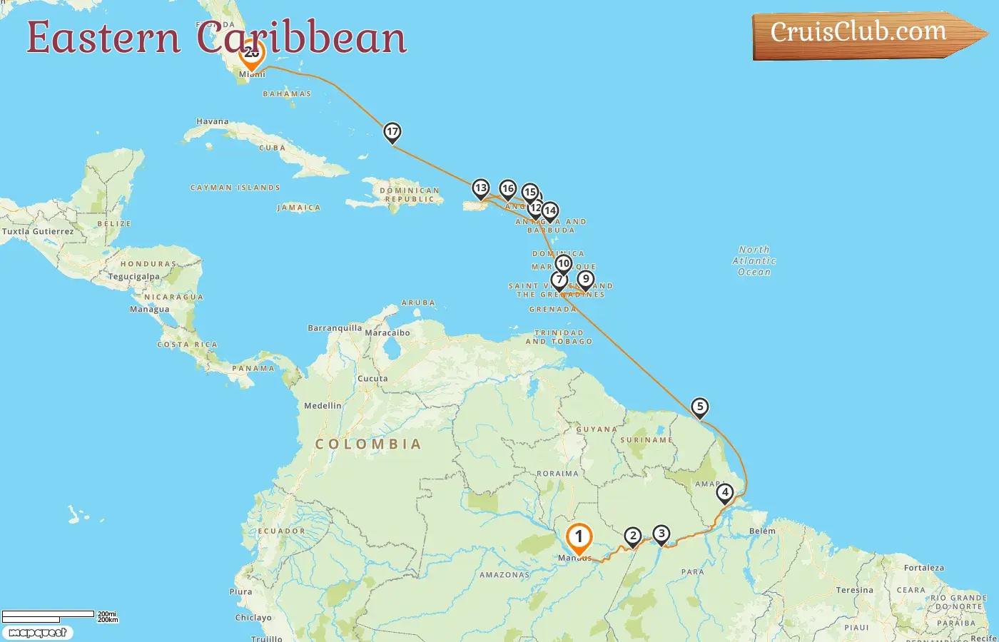 Cruise in the Eastern Caribbean from Manaus to Miami aboard EXPLORA I ship with visits to Brazil, French Guiana, Saint Vincent and the Grenadines, Barbados, Saint Barthélemy, Puerto Rico, British Virgin Islands, and USA for 20 days