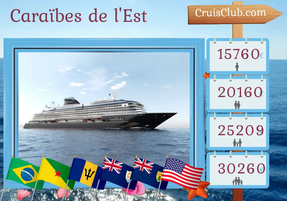 Croisière dans les Caraïbes de l`Est de Manaus à Miami à bord du navire EXPLORA I avec des visites au Brésil, en Guyane française, à Saint-Vincent-et-les-Grenadines, à la Barbade, à Saint-Barthélemy, à Porto Rico, dans les îles Vierges britanniques et aux États-Unis pendant 20 jours