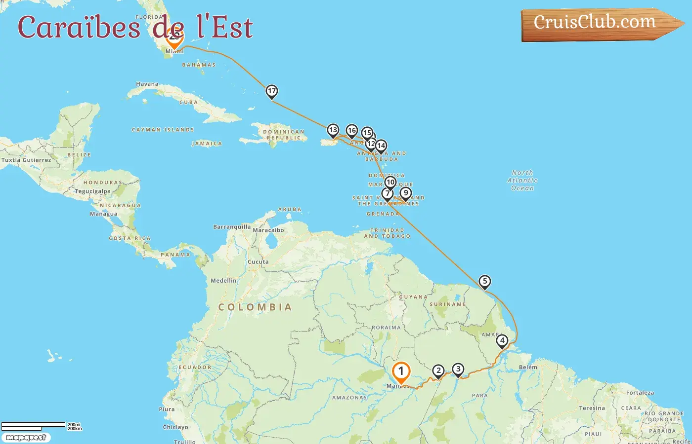 Croisière dans les Caraïbes de l`Est de Manaus à Miami à bord du navire EXPLORA I avec des visites au Brésil, en Guyane française, à Saint-Vincent-et-les-Grenadines, à la Barbade, à Saint-Barthélemy, à Porto Rico, dans les îles Vierges britanniques et aux États-Unis pendant 20 jours