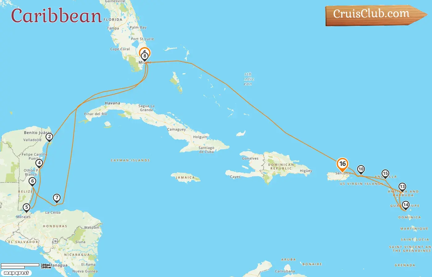 Cruise in the Caribbean from Miami to Saint John aboard EXPLORA I ship with visits to USA, Mexico, Guatemala, Belize, Honduras, Guadeloupe, and Puerto Rico for 16 days