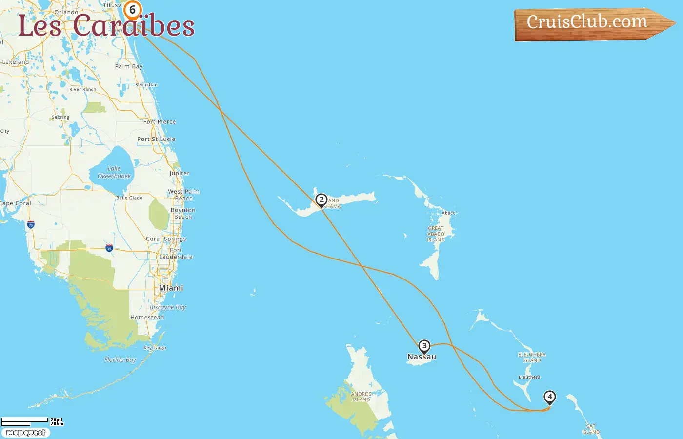 Croisière dans les Caraïbes au départ de Port Canaveral / Orlando à bord du navire Mardi Gras avec escales aux États-Unis et aux Bahamas pendant 6 jours
