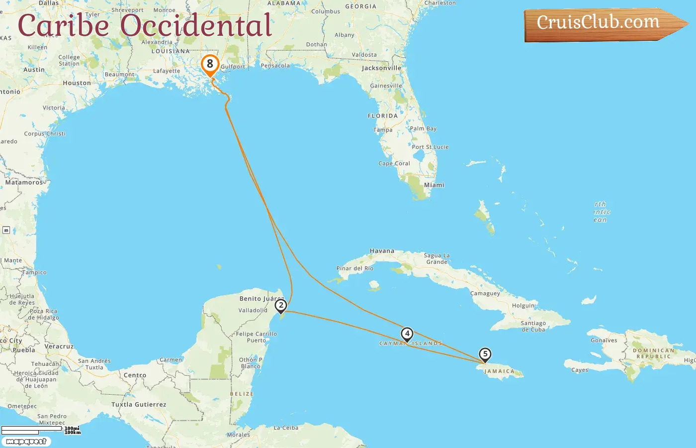 Crucero por el Caribe Occidental desde Nueva Orleans a bordo del barco Mariner of the Seas con visitas a Estados Unidos, México, Islas Caimán y Jamaica durante 8 días