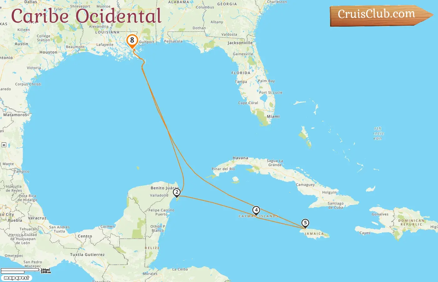 Cruzeiro no Caribe Ocidental saindo de Nova Orleans a bordo do navio Mariner of the Seas com visitas aos Estados Unidos, México, Ilhas Cayman e Jamaica por 8 dias