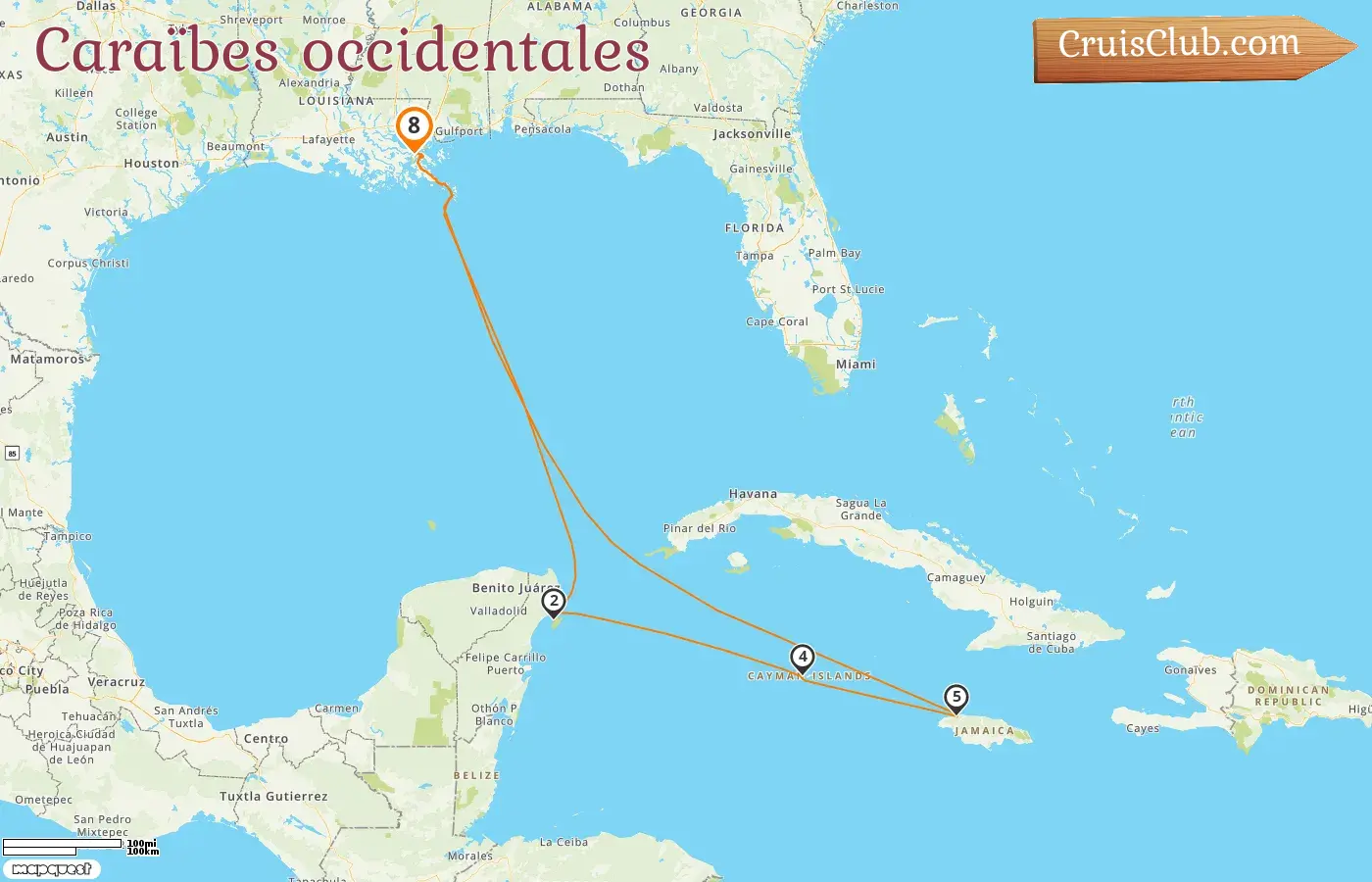 Croisière dans les Caraïbes occidentales au départ de la Nouvelle-Orléans à bord du navire Mariner of the Seas avec des visites aux États-Unis, au Mexique, aux îles Caïmans et en Jamaïque pendant 8 jours