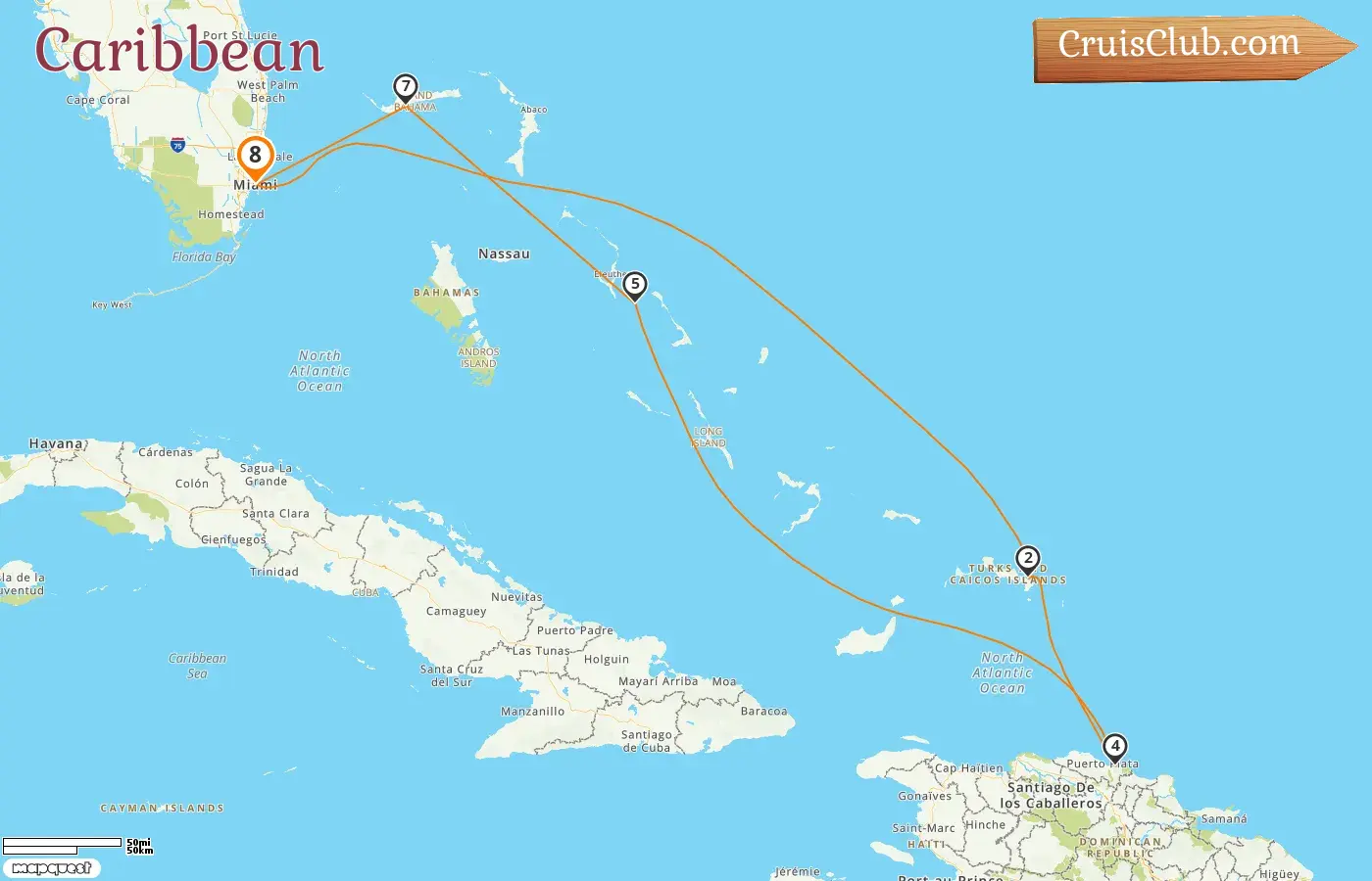 Cruise in the Caribbean from Miami aboard Carnival Celebration ship with visits to USA, Dominican Republic, and Bahamas for 8 days