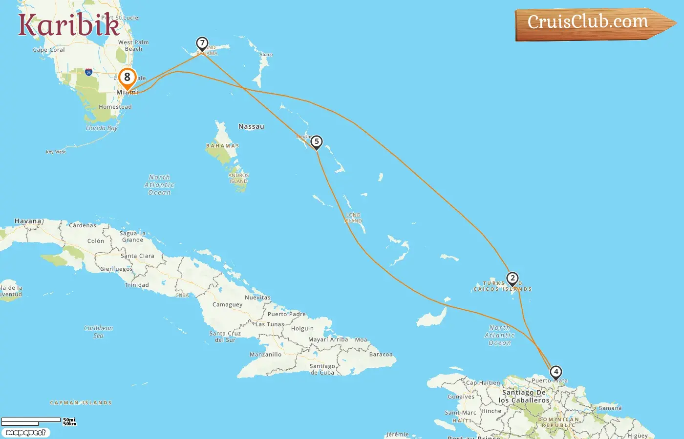 Kreuzfahrt in der Karibik ab Miami an Bord des Carnival Celebration-Schiffs mit Besuchen in den USA, der Dominikanischen Republik und den Bahamas für 8 Tage