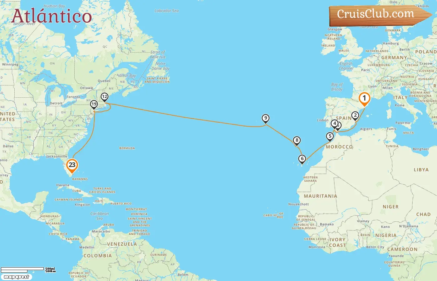 Crucero en el Atlántico desde Barcelona a Miami a bordo del barco MSC Meraviglia con visitas a España, Gibraltar, Marruecos, Portugal y EE. UU. durante 23 días
