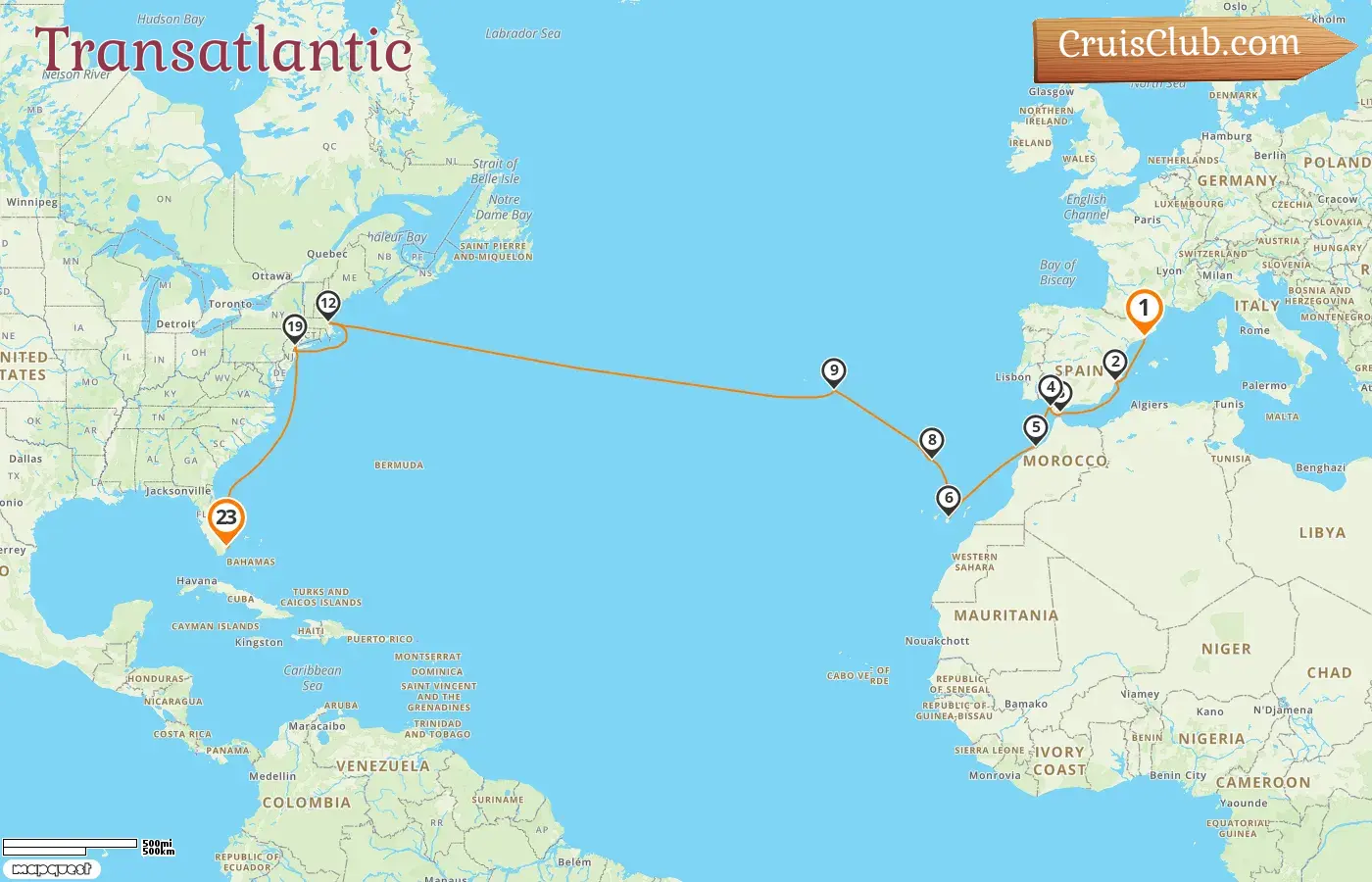 Cruise in the Transatlantic from Barcelona to Miami aboard MSC Meraviglia ship with visits to Spain, Gibraltar, Morocco, Portugal, and USA for 23 days