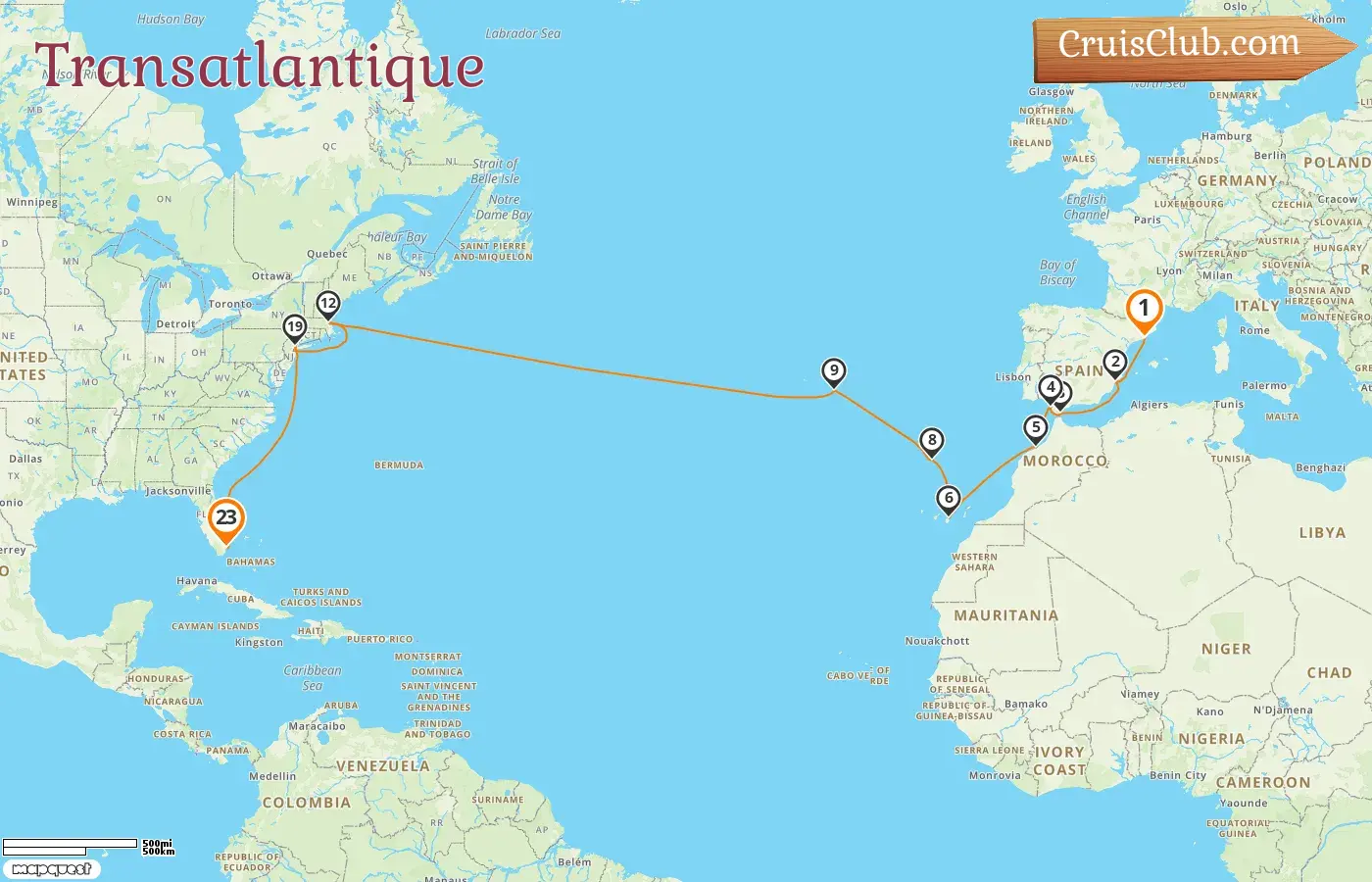 Croisière transatlantique de Barcelone à Miami à bord du MSC Meraviglia avec des visites en Espagne, à Gibraltar, au Maroc, au Portugal et aux États-Unis pendant 23 jours