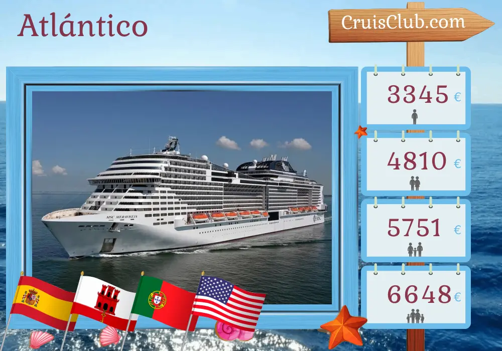 Crucero en el Atlántico desde Barcelona a Miami a bordo del barco MSC Meraviglia con visitas a España, Gibraltar, Marruecos, Portugal y EE. UU. durante 23 días